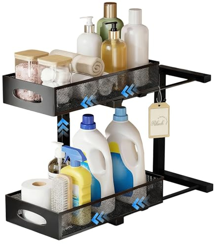 Ribech Ausziehbarer Schrankorganizer, 2-stöckiger Metallkorb mit Mesh-Schubladen für Küche (Untertisch), Bad, Vorratsschrank