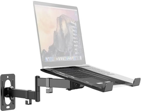 Support Mural pour Ordinateur Portable & Tablette, Capacité 5 KG, Bras en Métal 300x250 mm, Compatible PC 12-17″ & Tablette 10-13″, Norme VESA 75/100 mm, pour Bureau Maison & Cuisine