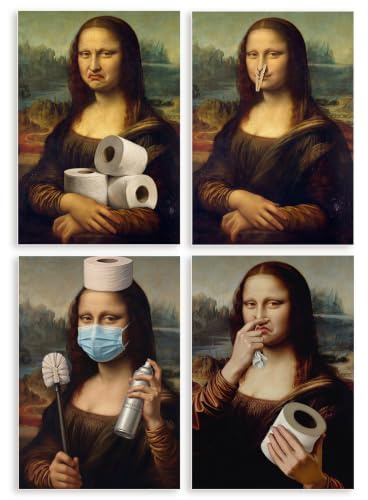 4 Stück Lustiges Mona Badezimmer Wandbilder, 30 x 20cm Leinwandbild Poster mit Klopapier und Nase zu Geste, Humorvolle Wanddeko für Badezimmer Gäste-WC & Toilette, Retro Wandposter Ohne Rahmen