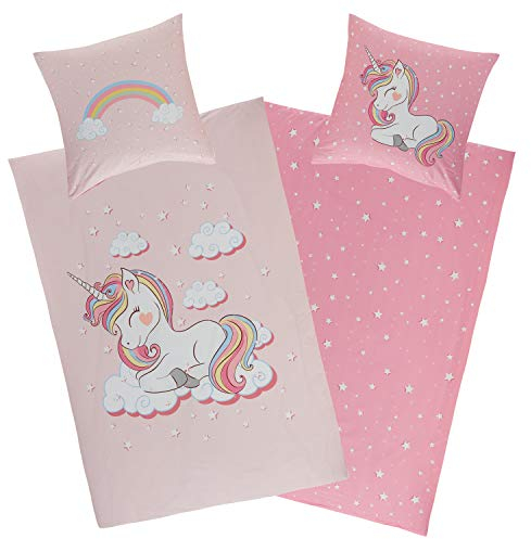 Aminata kids Bettwäsche Einhorn 135x200, 80x80 cm Mädchen Baumwolle rosa mit YKK Reißverschluss - Wende Kinderbettwäsche - Wende-Kinder-Bettwäsche-Set - Regenbogen, Rose - Einhorn-Motiv, Pferde