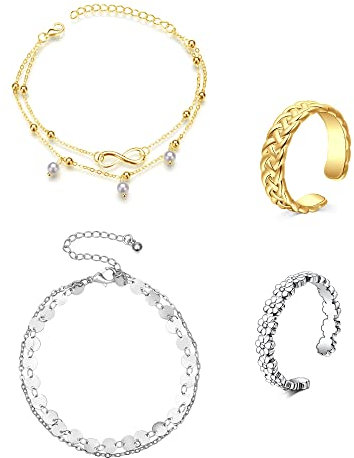 Funseedrr 4-5pcs Anneau d'Orteil Cheville Chaîne Set Acier Chirurgical Ouvert Doigt Anneaux Réglable Pied Anneau Cheville Pied Bijoux