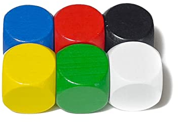 Spieltz 6 x D6 Blanko Würfel XL aus Holz für Brettspiele, extra groß (20 mm), in 6 Farben: Rot, Gelb, Blau, Grün, Schwarz, Weiß. Für Senioren, kleine Kinder und XL-Spiele (6 Würfel)