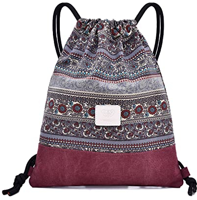 Cosyres Turnbeutel Retro Muster Rucksack mit Innentasche Sportbeutel Gymsack für Damen & Herren (Rot)