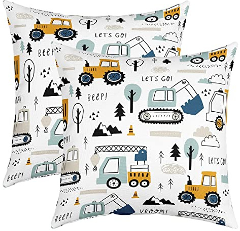 Loussiesd BAU Kissenbezüge 40x40cm für Couch Schlafsofa 2er Set Kissenbezüge Cartoon Ausrüstung LKW Dekorative Sofakissen Couchkissen Kissenhülle Auto Bagger Traktor Fahrzeuge Weiß Kissenbezug
