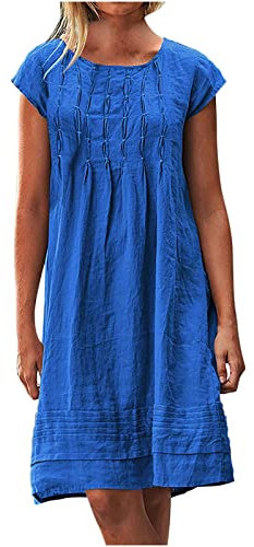 Zeiayuas Cotton Linen Dresses for Women T Shirts Summer Midi Dress Short Sleeve Round Neck Knee Length Dress Ladies Beach Loose Solid Color Casual Dresses UK