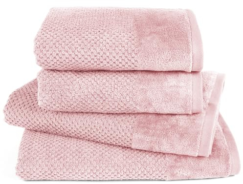 Pure Label 4-TLG. Handtücher Set mit Aufhängeschlaufen aus 100% Baumwolle, saugstark, weich und Oeko-TEX Zertifiziert - 2X Badetuch (70x140 cm) 2X Handtuch (50x100cm), Rosa