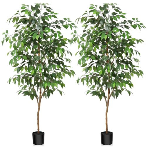Fopamtri Artificial Ficus Plant 150 cm Large Fake Plants Indoor with Natural Wood Trunk, Fake Potted Ficus Tree for Home Bedroom Office Balcony Garden Decorations (2 Pack)