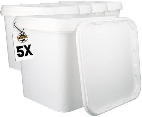 5 Eimer mit Deckel 5l Weiß Eckig | Kunststoffeimer Lebensmittelecht, luftdicht und stabil | Leer Eimer mit Griff und Deckel für Lebensmittel Chemie Klebstoffe