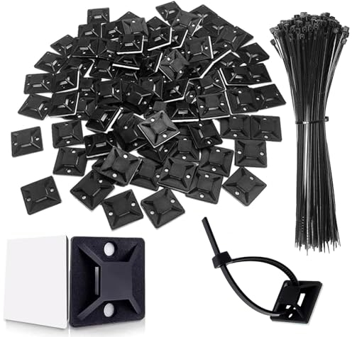 Supporto Autoadesive per Fascette, Confezione Da 100 Fascette Plastica Nere Con 100 Pezzi Fermacavi Adesivi Ferma Cavi Adesivi, Supporti per Fascette Stringicavo, Fascette Plastica per Cablaggio