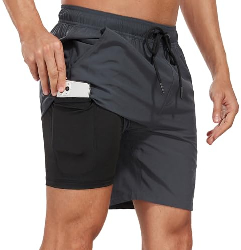 Badshorts för män med kompressionsfoder, 2-i-1 stretchiga strandshorts med fickor, snabbtorkande, för sommar, surf och sport