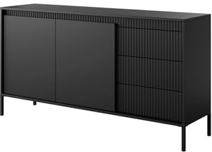 BETTSO - Kommode Schwarz Matt - Kommode mit Schubladen, dekorativen Rillen und hohen Metallbeinen - Push to Open System - 153 cm breit, 81 cm hoch - Kommode Wohnzimmer