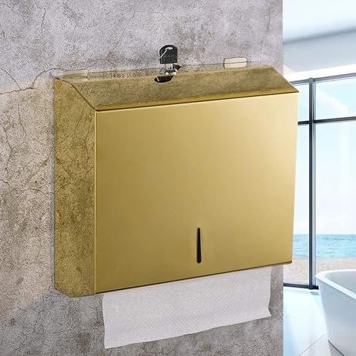 NICEME Papierhandtuchspender, Edelstahl Handtuchspender Abschließbar, Falttuchspender Papiertuchspender Z-Falz, Bietet Platz für 250–400 Blatt, Gold