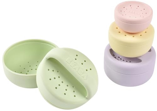 BÉABA, Lot 4 Jouets de Bain Silicone, Empilables, Gigognes, Ergonomiques, Formes et tailles différentes, Développe la motricité, Silicone Doux, Failce à ranger, Menthe au lait multi couleurs