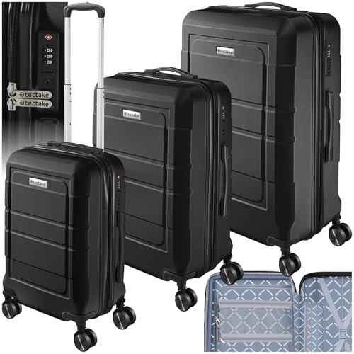 tectake® Kofferset 3 teilig, Koffer & Trolleys, Koffer Set für Flugzeug, Business, Reise, mit TSA Schloss, Hartschalenkoffer mit Rollen, Reisekoffer groß, Rollkoffer - schwarz