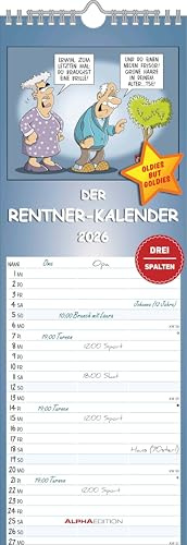 Alpha Edition - Rentnerkalender alle Termine für Oma & Opa 2026 – Streifenkalender 15×42 cm mit 3 Spalten, 100-jährigem Kalender & Pollenflugkalender, praktischer Wandkalender für Termine & Notizen