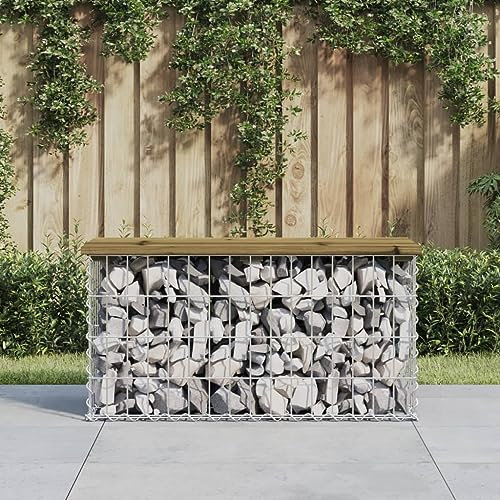 Myheimly Gabionenwand Gartenbank, Sitzbank Bank Gabionen, Gabionenbank für Garten Terrasse, Steinkorb Drahtkorb Parkbank Gartenmöbel, Massivholz Kiefer Dunkelbraun,83 x 31,5 x 42 cm