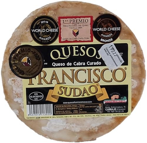 Quesos Francisco Sudao, Queso de Cabra Curado, 500g aprox, Premiado World Cheese Awards, Elaborado en Extremadura