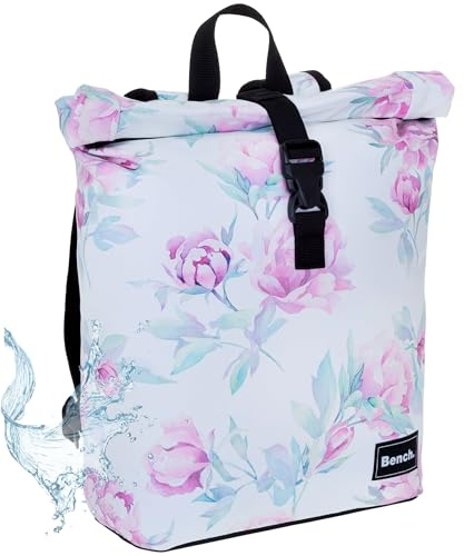 Bench Rucksack Damen Mädchen Daypack Tasche medium backpack Handtasche Damenrucksack A4 wasserabweisend Plane outdoor Hydro Compact 64222 + bagboom Schlüsseletui (White Flower/weiss 2021)