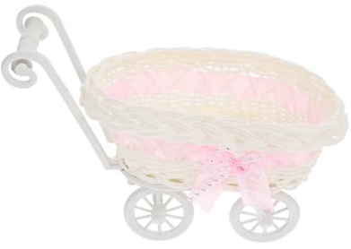 minkissy Wiederverwendbarer Pp Rattanimitat Süßigkeitenkorb in Kinderwagenform mit Griff Dekorativer Blumenpräsentkorb für Babyshower und Hochzeitsfeiern Rosa Design