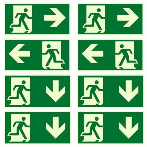 8 Pieces Fire Exit Signs Self Adhesive (Left, Right, Down Arrow), 300 x 200mm Glow in Dark Fire Escape Sign Vinyl Sticker, Emergency Escape Signage for Door Notice (8 Pieces)