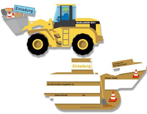 DH-Konzept Einladungskarten in Radladerform, 6 Stück, für Kinder Mottoparty // Baustelle Bauarbeiter Radlader Bagger Einladung Karte Geburtstag Party