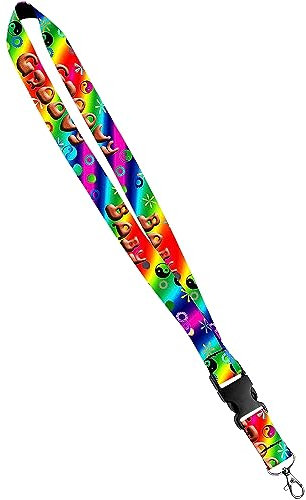 Moose Pet Wear Print Lanyard - Satin Keychain Necklace with Side Release Buckle and Snap, ID Badge Holder - 3/4 Inch, Groovy Rainbow Peace Sign Pattern