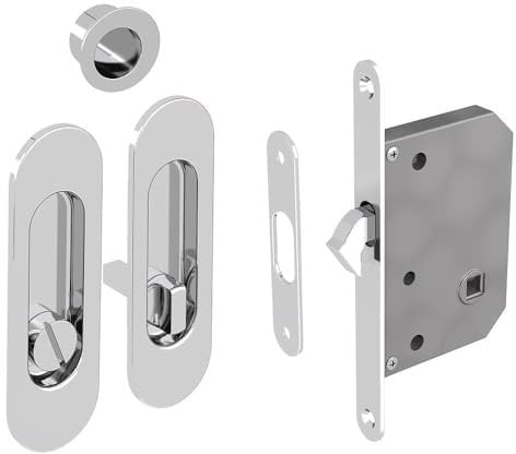 WC Hakenschloss Set für Schiebetüren, ovale Türrosette mit Griffmulde, Badezimmerschloss, Einsteckschloss, silber verchromt
