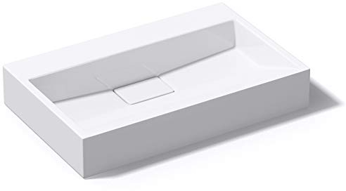 doporro Lavabo sobre encimera blanco brillante de mármol fundido con válvula de desagüe 60x38x11cm Colossum19 lavabo rectangular suspendido sin orificio para grifo con nano revestimiento