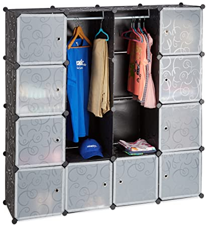 Relaxdays Kleiderschrank Stecksystem, 12 Fächer, Kunststoff, großer Garderobenschrank m. Muster, 145,5x145,5 cm, schwarz