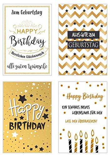 Set 4 exklusive Geburtstagskarten mit feiner Goldprägung und Umschlag. Glückwunschkarte Grusskarte zum Geburtstag. Geburtstagskarte Karte Mann Frau (Doppelkarten/Klappkarten mit Briefumschlag)