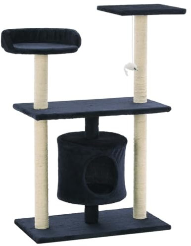 vidaXL Luxury Dark Blue Cat Tree with Sisal Scratching Posts, Multi-tiers and Dangling Toy – Cozy House, Platforms, Plush Fabric Cover.