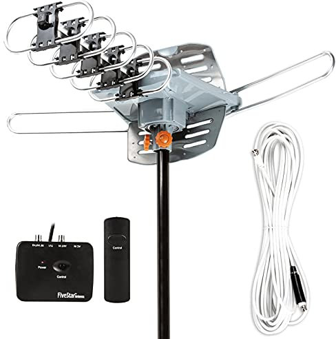 Five Star Antenna HDTV amplificata OTA per esterni con rotazione motorizzata di 360 miglia per 2 TV, supporto per 2 TV, telecomando wireless UHF/VHF/1080P, cavo coassiale da 10,2 m