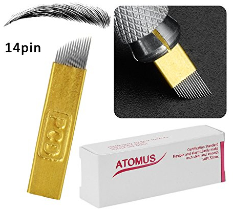 ATOMUS 50 StüCke Microblading Nadeln 14pin Liner Nadeln Permanent Make-Up Augenbraue (gold)