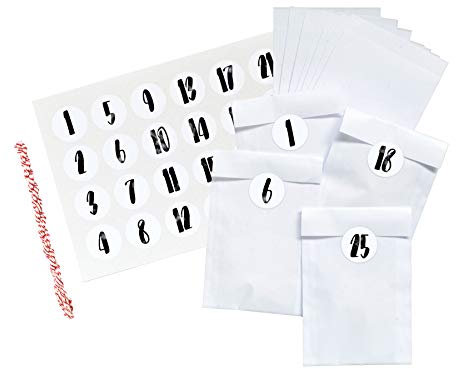 renna deluxe ADVENTSKALENDER zum Befüllen, Schwarz-Weiß, 24 Papiertüten in WEISS Zahlenaufkleber Handlettering, modern, DIY Set, Hygge vintage scandi Stil | Made in Deutschland