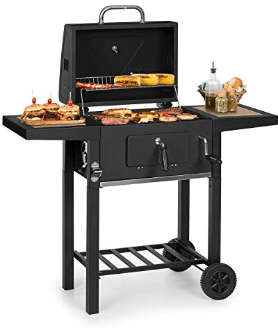 KLARSTEIN Meat Machine - Grill à Charbon de Bois, BBQ-Grill, Fumoir, Surface de Cuisson 45 x 32,5 cm, Système d'aération, Cheminée, Thermomètre intégré, Foyer réglable en Hauteur - Noir