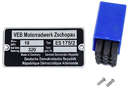 Typenschild für MZ ES 175/2 mit Schlagzahlen und Kerbnägeln