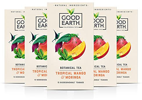 Good Earth Tea Co. Tropical Mango & Moringa Tea Bags - Refreshingly Natural Herbal Tea with Mango, Moringa, Rose & Green Tea - 5 x 15 Biodegradable Teabags