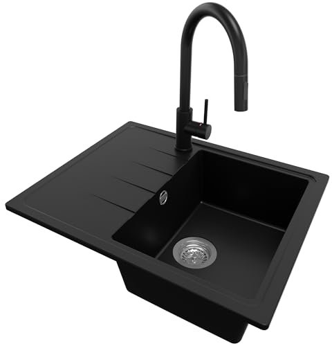 PRIMAGRAN Evier Cuisine en Granit Noir 62x50cm, Lavabo 1 bac + Kit de Vidage, Évier à Encastrer al mueble 40cm - Milan S061
