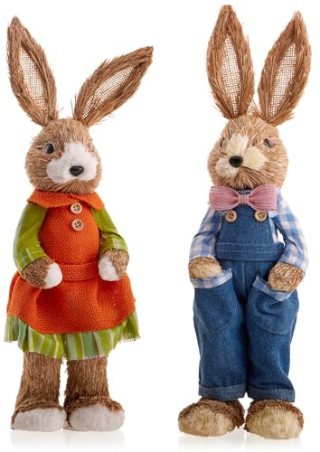 com-four® 2X Conejito de Pascua de Paja Hecho a Mano - Conejito de Pascua Decorativo para decoración de Pascua - Figuras de Paja para Pascua - Figuras de Conejo 44 cm (02 Pieza 44cm Mujer + Hombre)