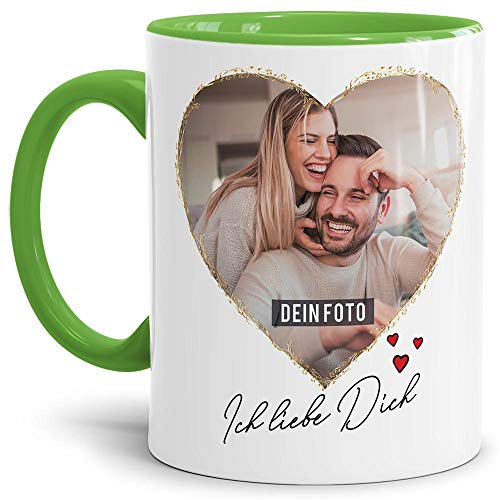 Tasse mit Spruch - Ich Liebe Dich - zum Selbst gestalten mit Zwei Fotos in Herzform - Geschenkidee für den Partner, Innen & Henkel Hellgrün, 300 ml