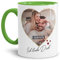 Tasse mit Spruch - Ich Liebe Dich - zum Selbst gestalten mit Zwei Fotos in Herzform - Geschenkidee für den Partner, Innen & Henkel Hellgrün, 300 ml