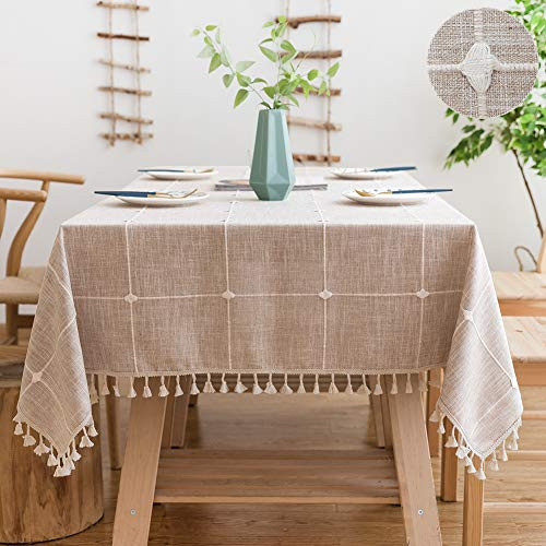 SUNBEAUTY Tischdecke Abwaschbar 140x200 Tischdecke Baumwolle Leinen Tischdecken Rechteckig Tischtuch Beige mit Quasten für Home Küche Speisetisch Dekoration
