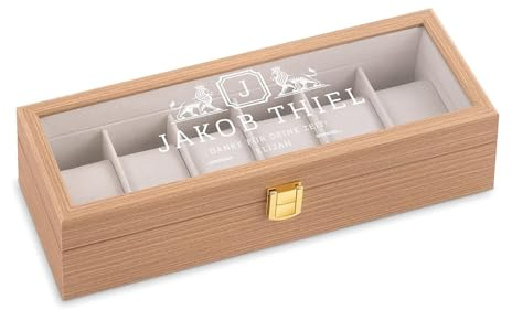 Maverton Uhrenbox mit Gravur für 6 Uhren - Uhrenschachtel Uhrenaufbewahrungsbox aus Holz - personalisiert - braun 31x11x8cm - Geschenk zum Geburtstag für Männer - Danksagung