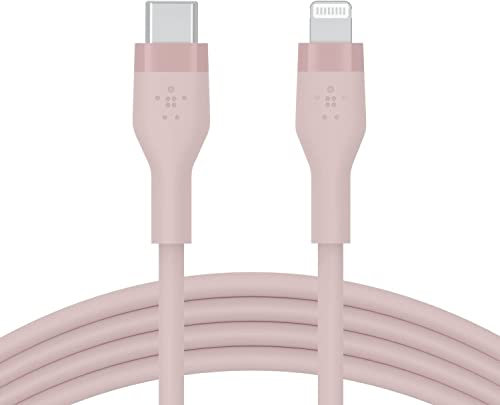 Belkin BoostCharge Flex Silicone USB Type C to Lightning Cable (1M/3.3FT), MFi Certified 20W Fast Charging PD Power Delivery for iPhone 14/14 Plus, 13, 12, Pro, Max, Mini, SE, iPad and More - Pink