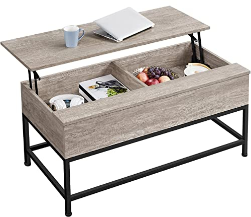 Yaheetech Coffee Table with Storage Compartments, Lift-top Coffee Table with Metal Legs for Living Room, Grey Tea Table with Lifting Tabletop for Home Office, Easy Assembly