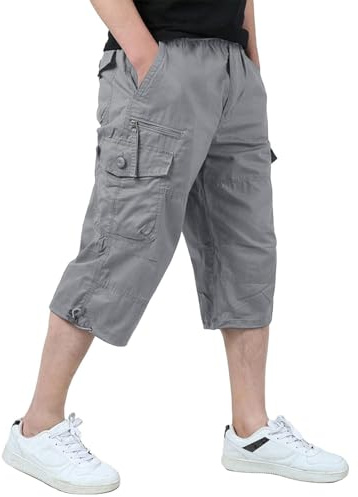 KEFITEVD Cargo Shorts Men 3/4 Length Shorts Long Short Pant Cropped Trouser | Multi pockets, elastic waist, casual work shorts, cotton capri trousers, summer below knee, 15 inch, comfortable, lightweight