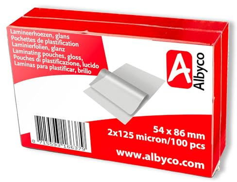 Albyco Laminating Pouches Gloss 54x86mm 2x125 (250) Micron, Pack of 100 | Albyco laminatingpouches: Ultimate durable protection & vivid contrast. Give your printwork the pro-finish it deserves!
