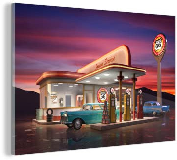 MuchoWow Glasbild Glasfoto Wandbild Bilder Deko 150x100 cm Tankstelle - Auto - Oldtimer