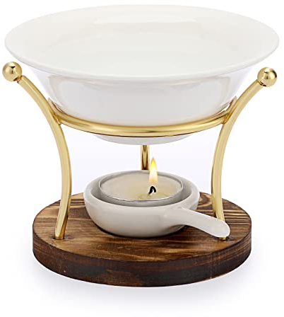 TOLIDA Keramik Duftlampe mit Kerzenhalter Eisen Dreibeinig Aromatherapie Brenner mit Holzsockel Ätherisches Öl Aromadiffusor Räuchergefäß Wachsschmelzbrenner Gold für Schlafzimmer Wohnzimmer Yoga