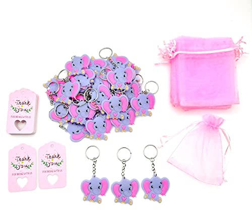 JZK 30x Rosa Mädchen-Babyparty-Gastgeschenke, Elefanten-Schlüsselanhänger mit Konfetti-Taschen und Geschenkanhänger-Set, 1. Geburtstag, Taufe, Neugeborene Taufe Party Werbegeschenk Andenken